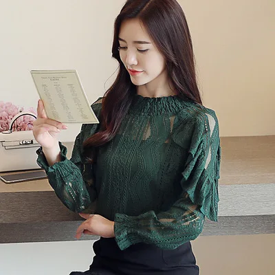 
Ruffle Lace Nine Quarter Sleeve blouse shirt 2021 Women Clothing Hollow Out floral Women Blouse Female Tops Elegant blusa 