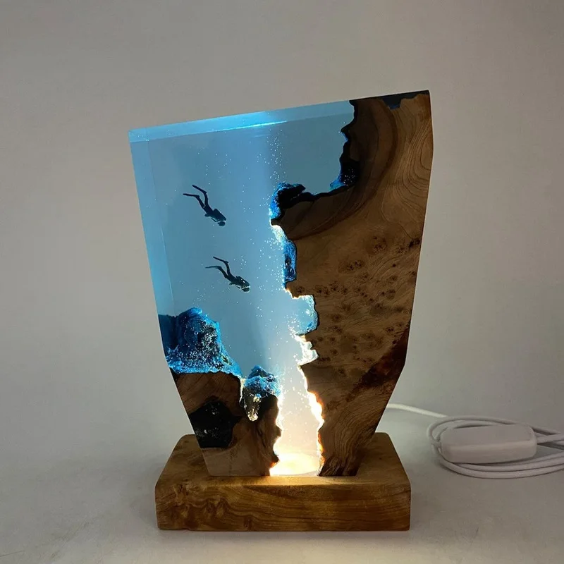 Novelty 2025 Creative Design Epoxy Resin Wood Lamp LED Gift Night Light Blue Diver and Whale Home Decoration Table Lamp
