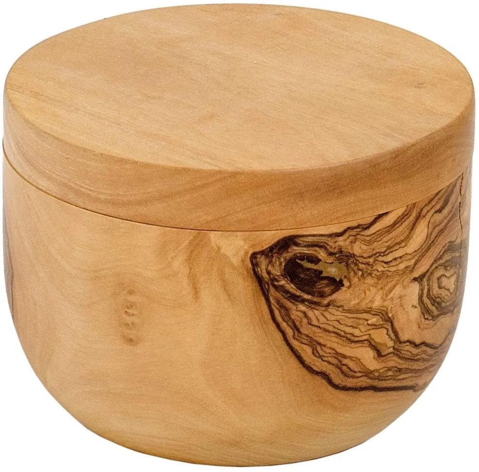 Olive-Wood Handcrafted Salt and Spice Cellar Box Kitchen Container Salt Keeper