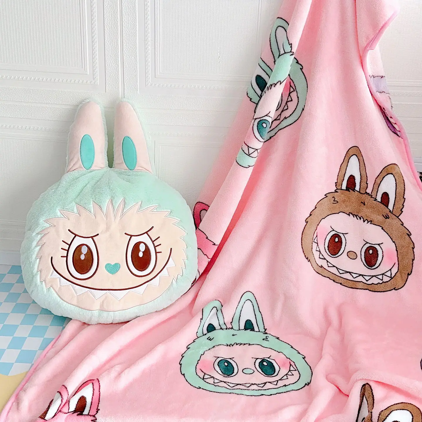 BoTu Cute Labubu Doll Pillow Flannel Blanket Dual Purpose 2-In-1 Air Conditioning Blanket office Car Sleep Pillow Christmas Gift