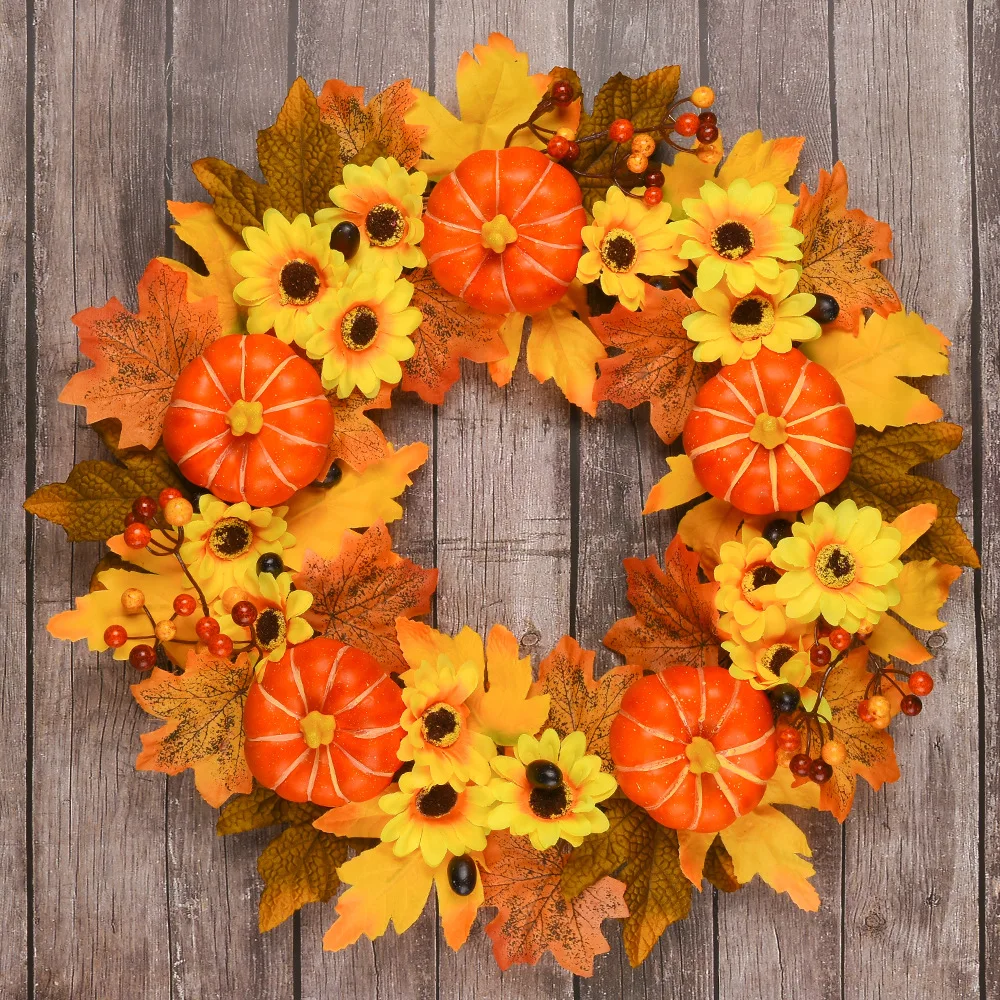 50cm Halloween Wreath Pumpkin Berry Decoration Maple Garland Rattan Artificial Fall Wreath Front Door Home Decor Thanksgiving