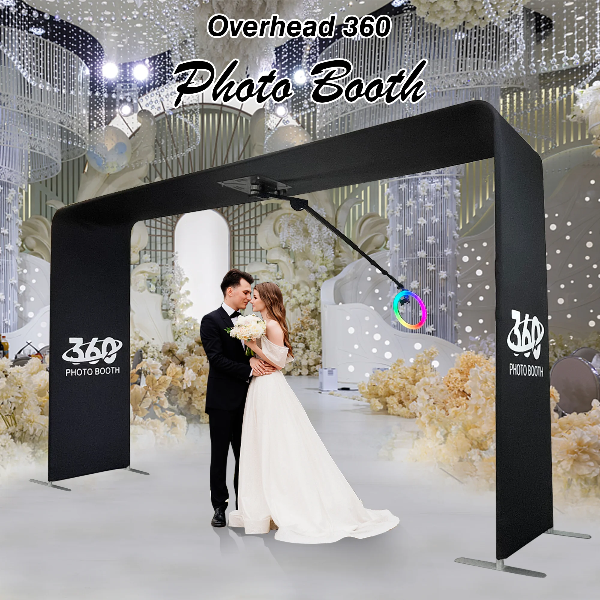 New automatic selfie 360 degree rotating top spinner overhead video camera booth with curved arm for aerial party