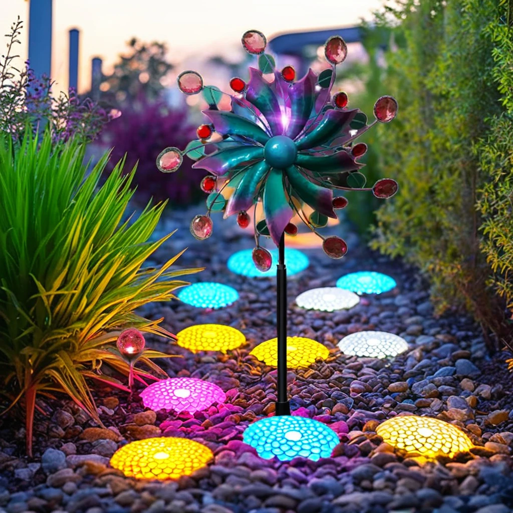 Jewel Tone Multi-Color LED Lighting Glass Ball Solar Powered Kinetic Wind Spinner Garden Decorative Solar Garden Lights