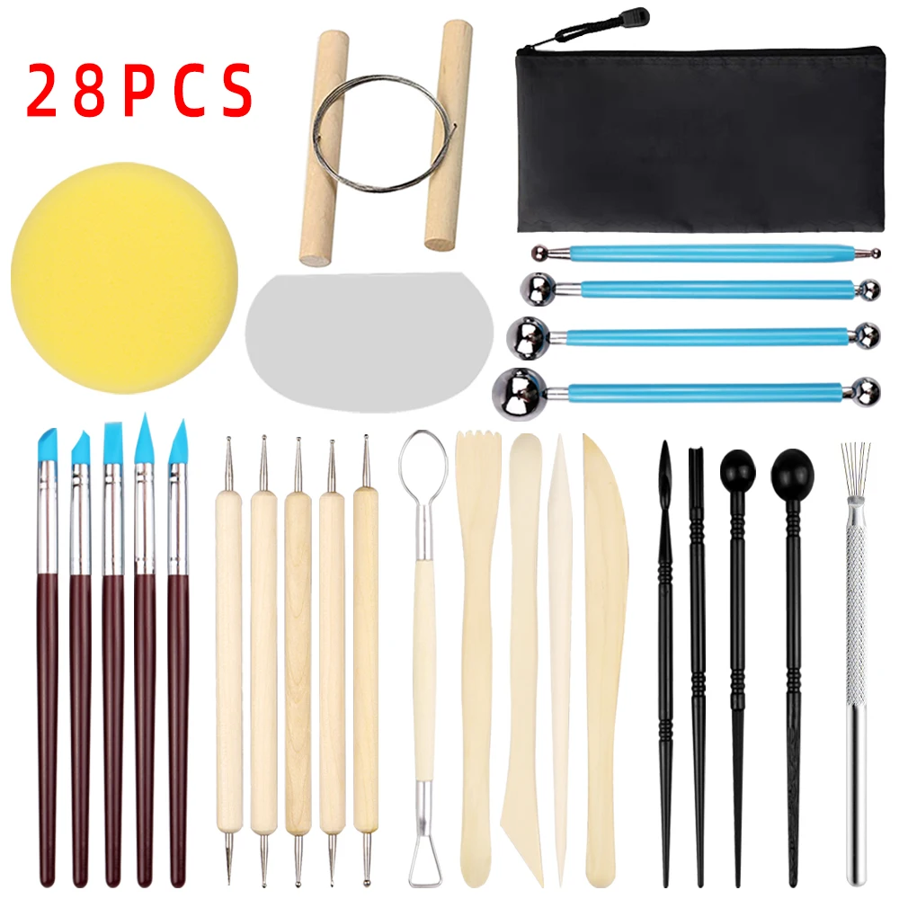 Huichuang 28 Pieces Set of Pottery Clay Tools Stainless Steel Pottery Clay Indentation Tool Set Clay Carving Tool Sets