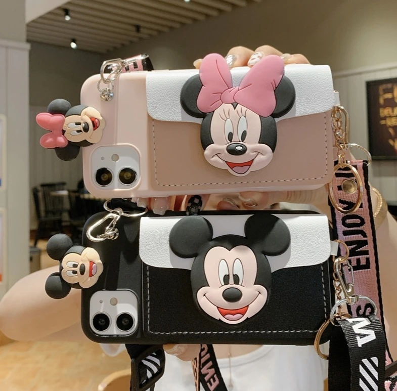 Hot sale card wallet mobile phone cover cartoon with lanyard phone case