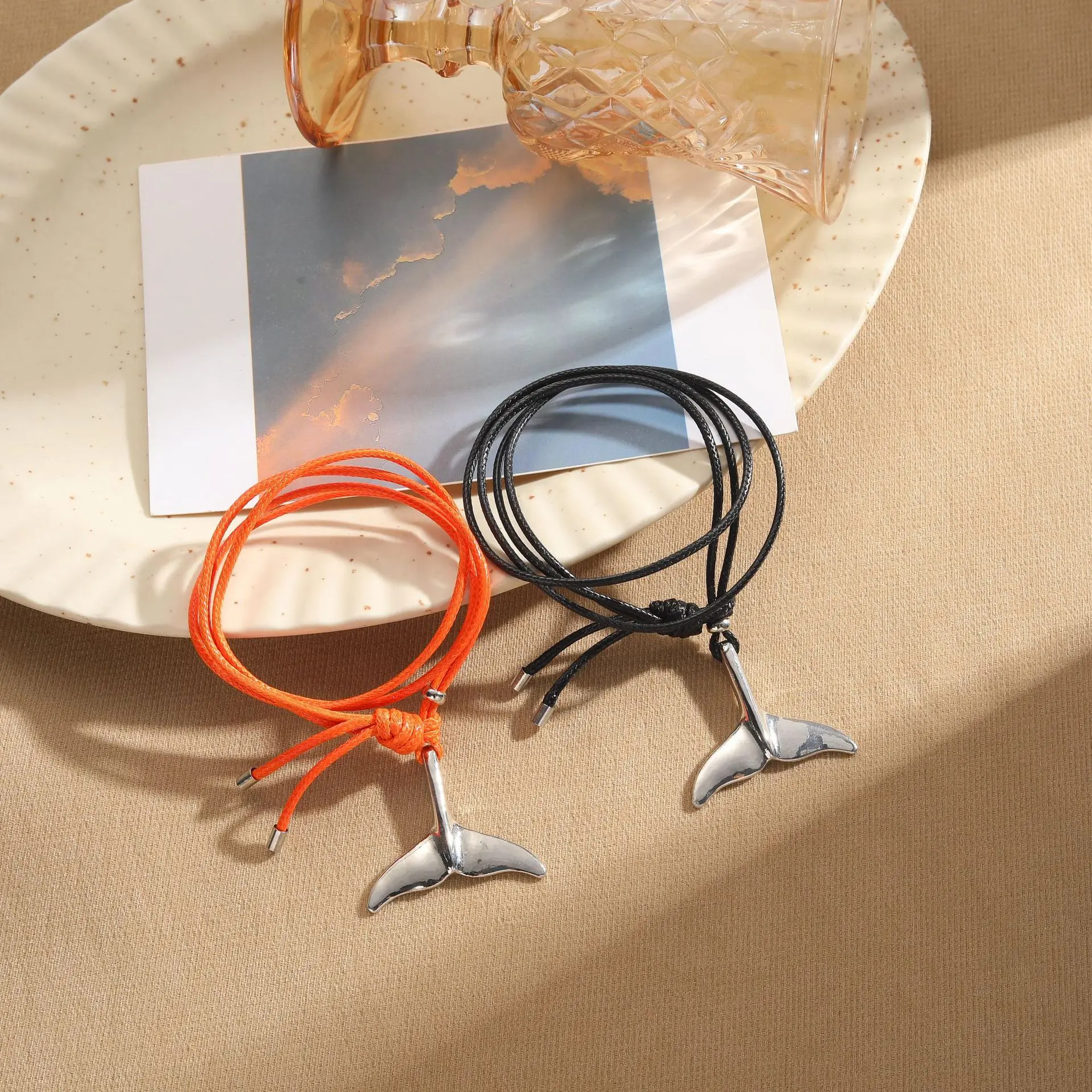 Sea Shark Tail Pendant Bracelet Wristband Waxed Thread Bracelet Friendship Jewelry