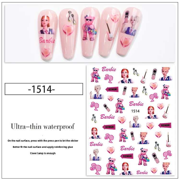 1511-1416 Wholesale Nail Art Supplies Adhesive Cartoon Pink Barbie Figure Print Nail Art Stickers and Decals