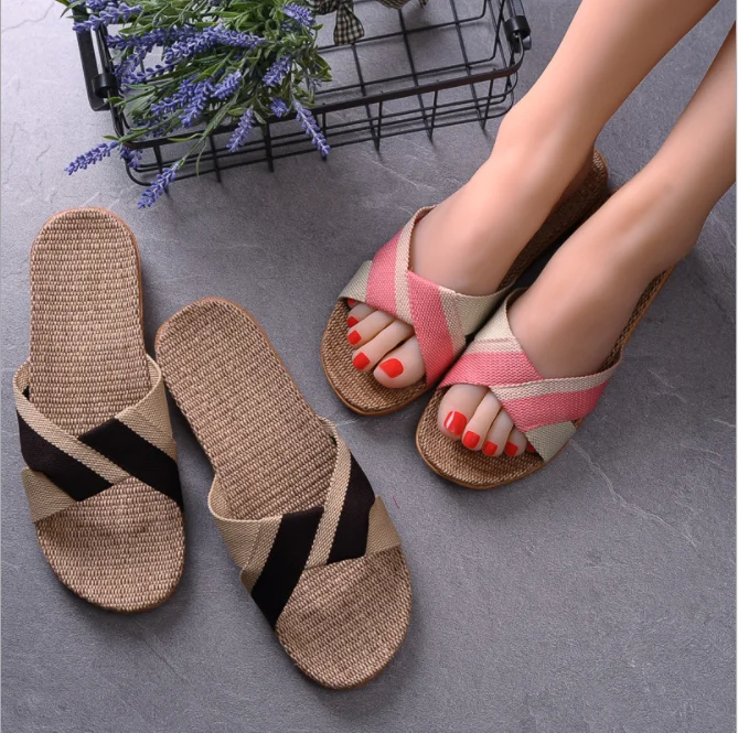 Flax Slipper Men And Women Home Summer Thick Bottom Indoor Slipper Floor Prevent Slippery Cool Slipper Woman Summer OEM