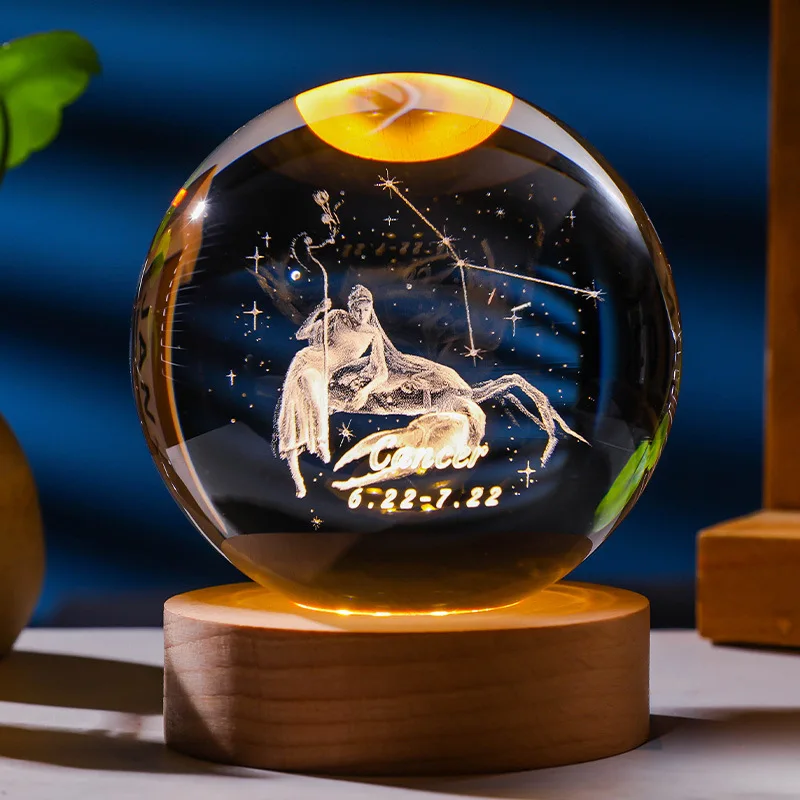 12 constellations 12 zodiac signs 60/80mm Glass Solar System Planet Sphere 3D Laser Engraved Galaxy Crystal Ball Wood LED Light