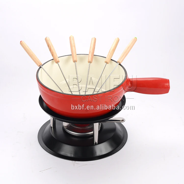 2-Quart Enamel Cast Iron Fondue Set Cheese Melting Pot Metal Stand with Stainless Steel Forks and Burner