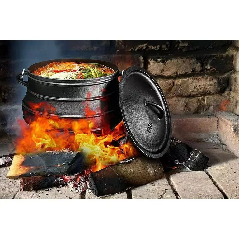 Pre-Seasoned Cast Iron Cauldron - African Potjie Pot with Lid - 3 Legs for Even Heat Distribution - Camping Dutch oven Cookware