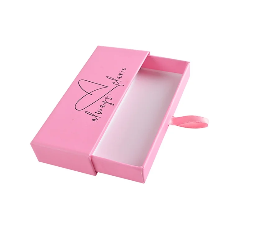 Customized Logo Printed Drawer Sliding Gift Box With Ribbon Handle Pink Nail Packing Box Cute Finger Nail Pull Out Box