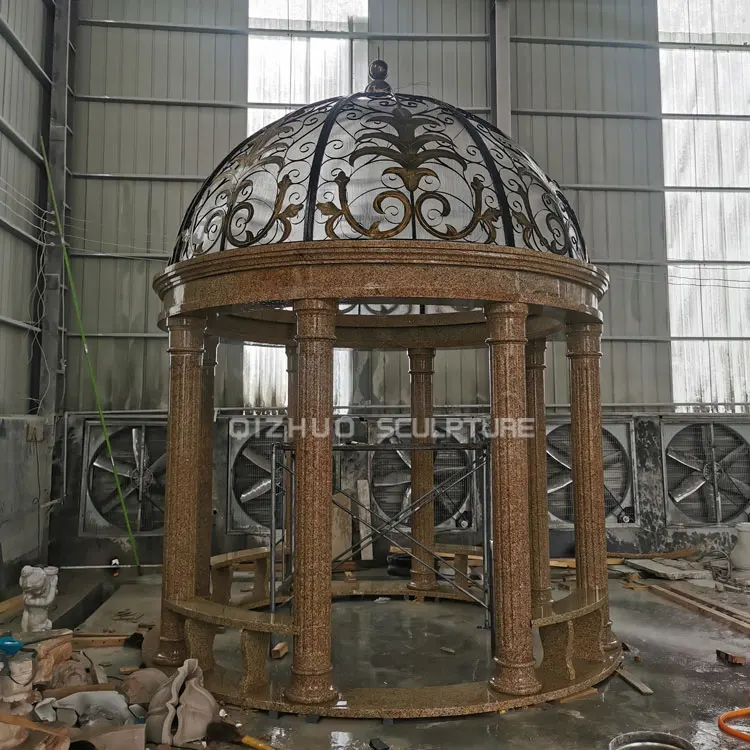 Garden Decor Classic Design Hand Carved Beige Sandstone Roman Column Marble Pavilion Gazebo With Iron Roof