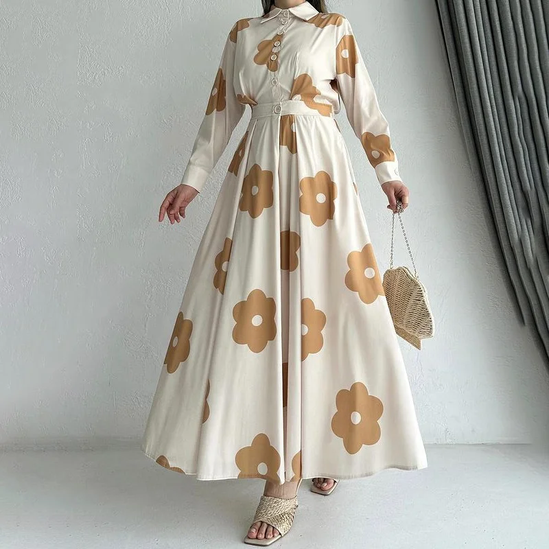 European And American Collar Printed Long Skirt Autumn High Waist Slim Fit Elegant Long Sleeved Dress