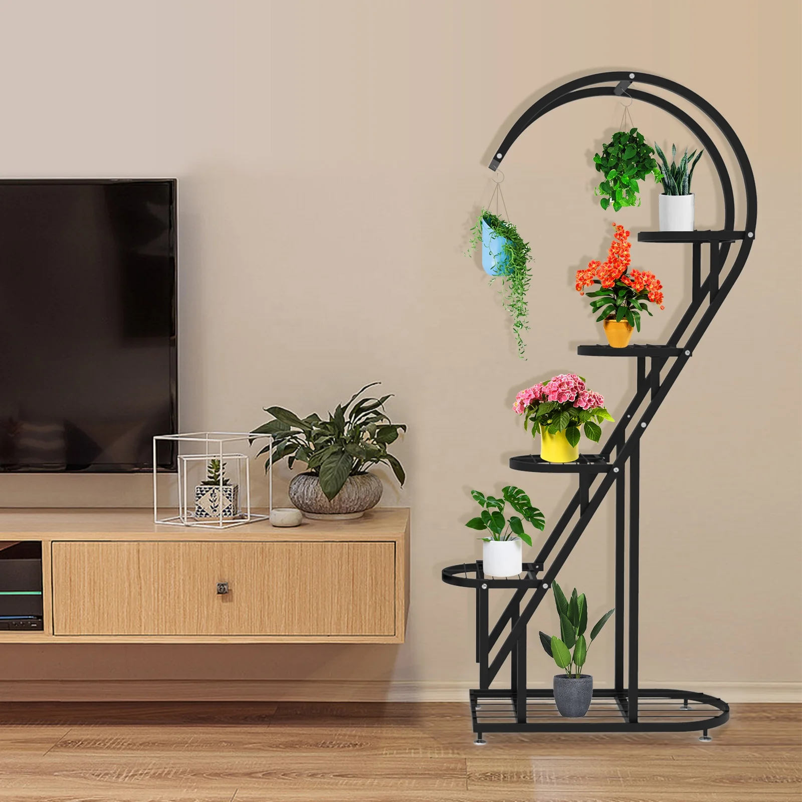 5-Tiers Multipl Multifunction and Style Modern Flower Stand Black Color Iron Display Shelf for Home