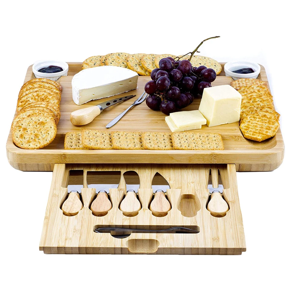 
Настраиваемая доска для сыра большого размера | Бамбуковая квадратная доска для сыра с шестью ножами и чашками для соуса  (1600092235012)