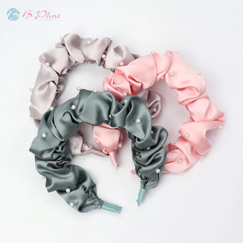 Luxury Designer headband hair band women pink satin silk pleated headbands with pearls