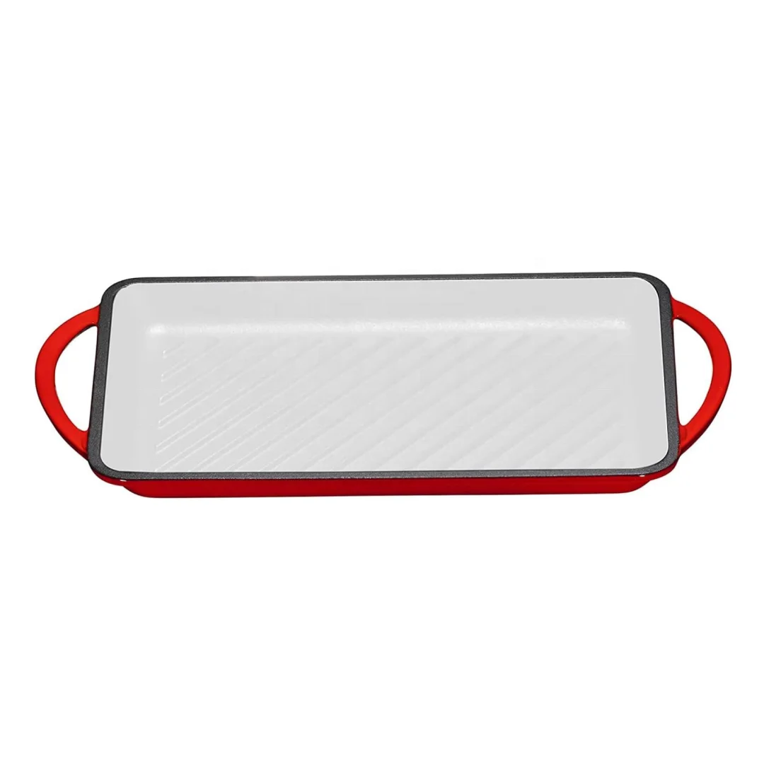 kitchen non stick rectangle enameled cast iron rectangular stove top bbq griddle plate grill pan with two handles