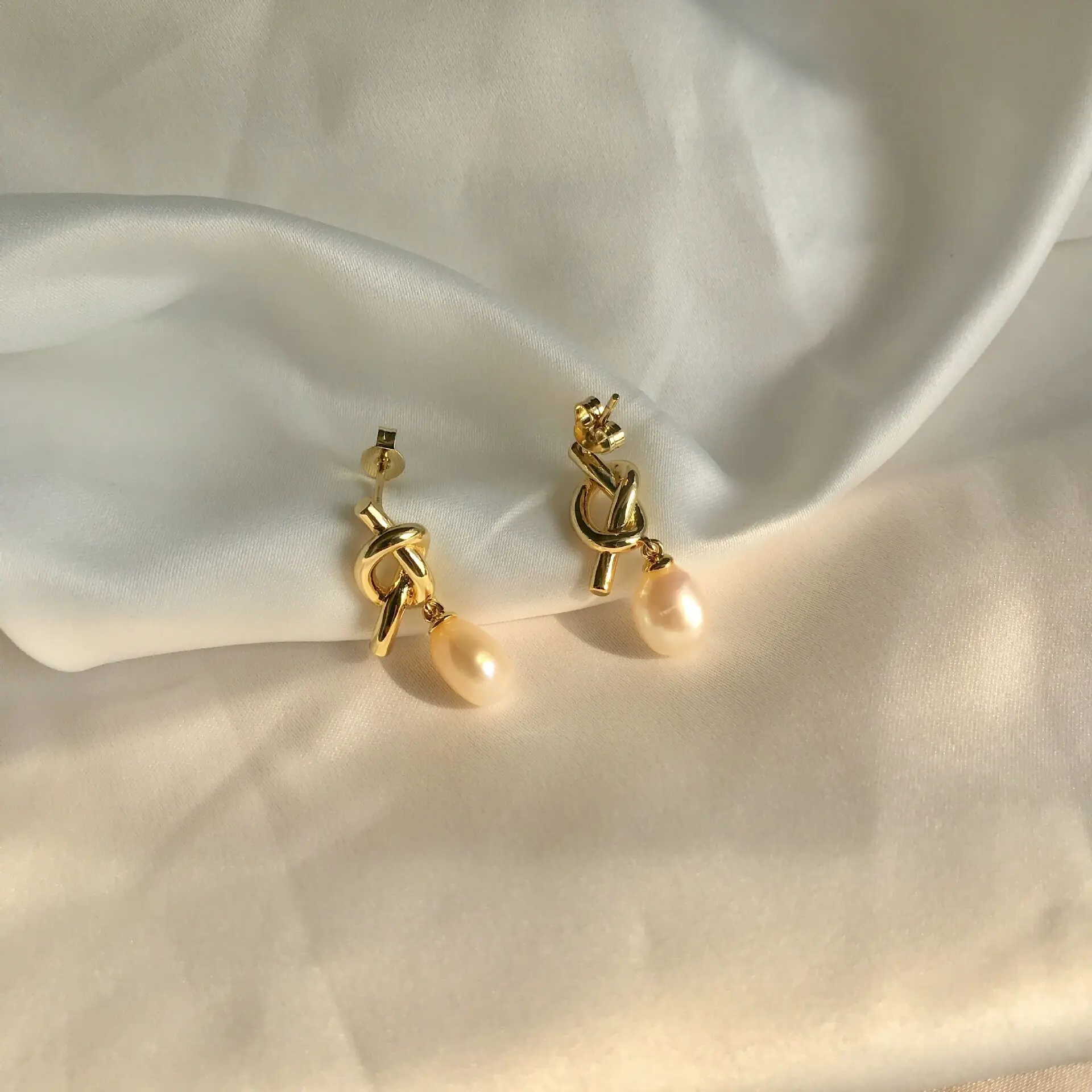Natural Freshwater Pearl Gold Plated Knotted Stud Earrings