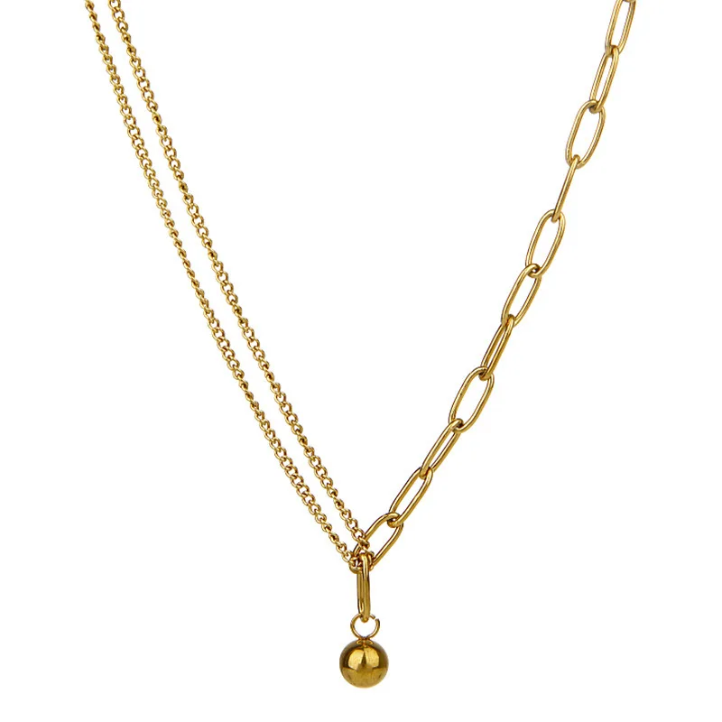 18k Gold Plated Stainless Steel Necklace Double Layer Chain Stitching Clavicle Chain Ball Pendant Necklace Jewelry