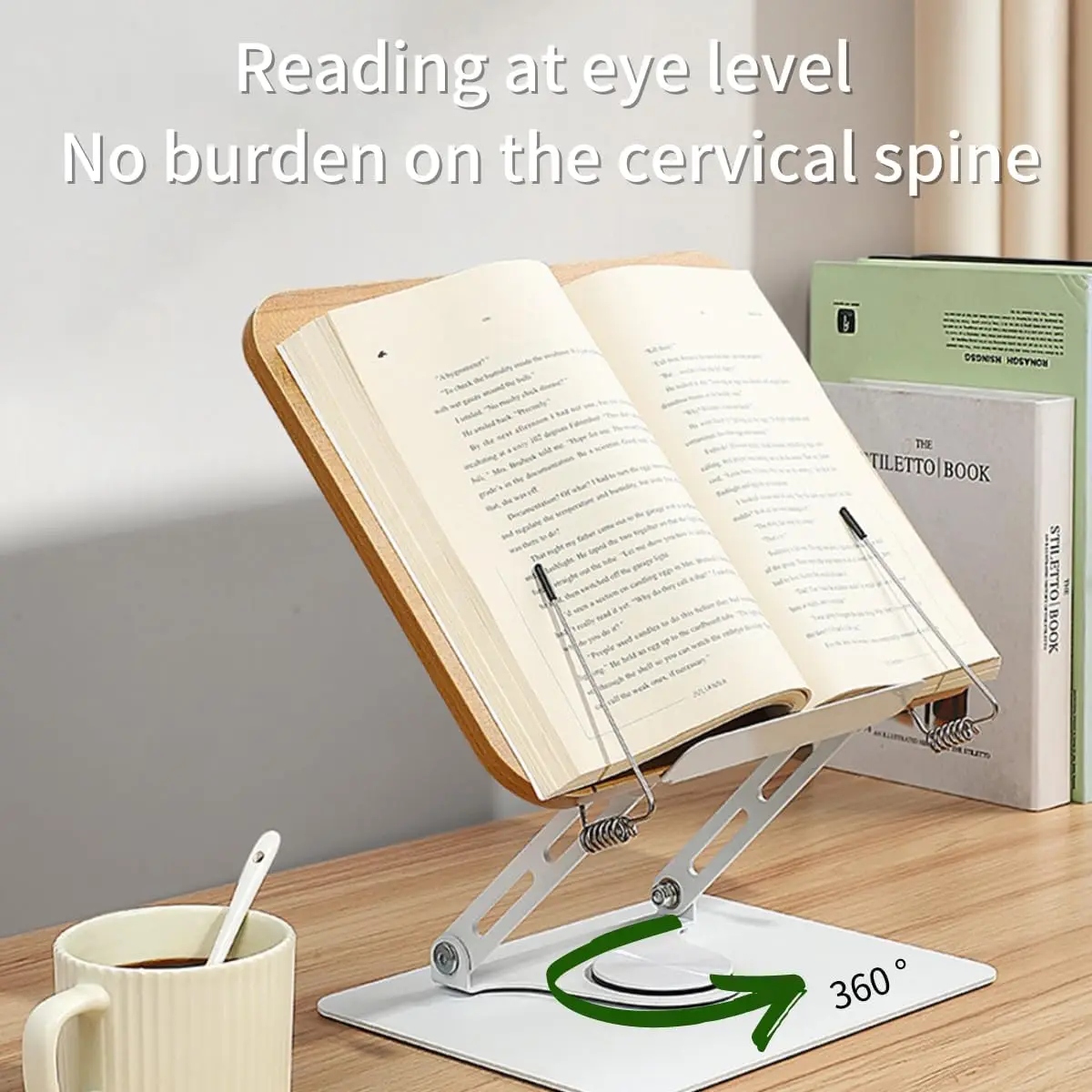 Book Stand for Reading Hands Free Multi Angle Adjustable Book Holder Stand with 360Rotating Base and Page Clips