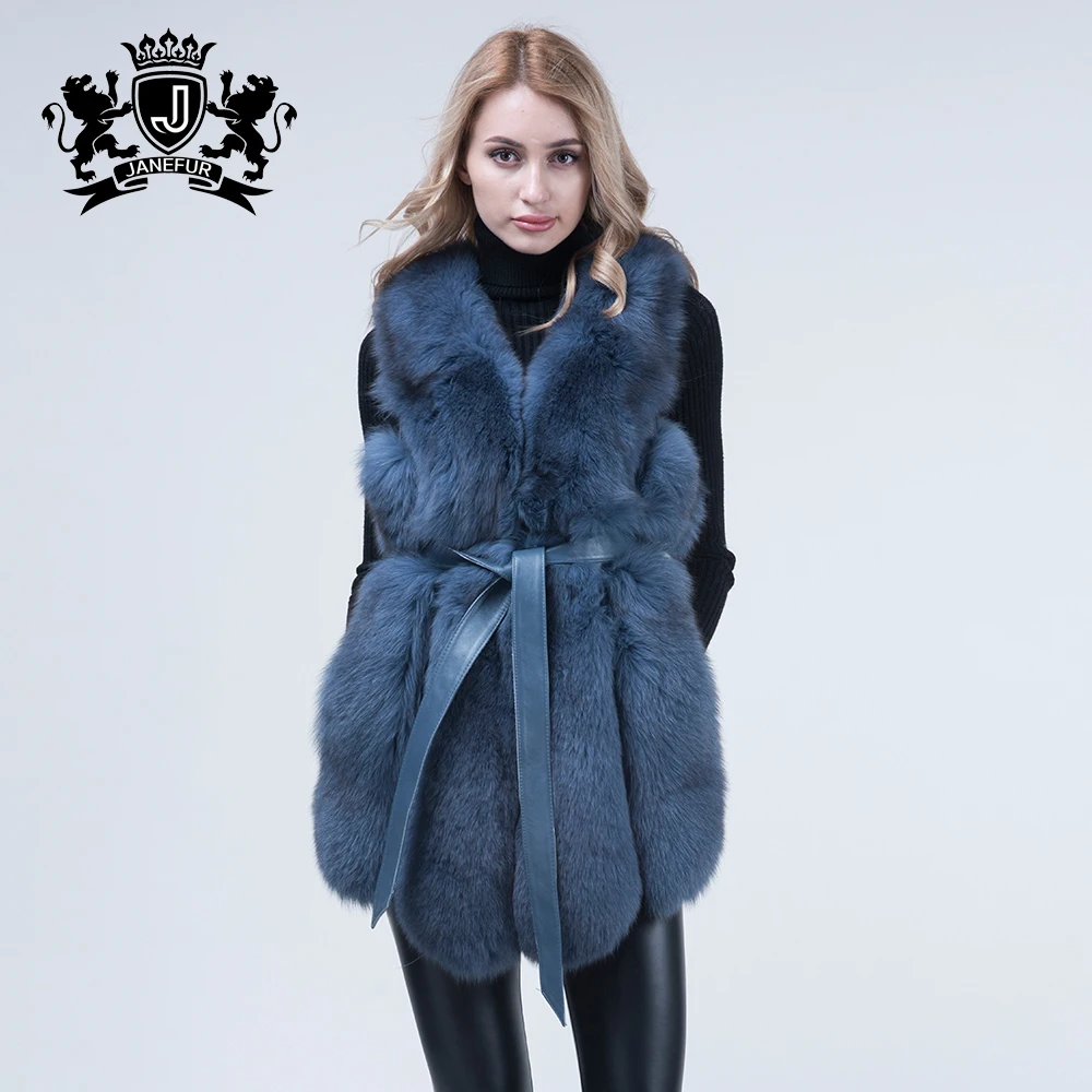 Janefur Fur Gilet Real Fox Fur Vest with Leather Belt Winter Fur Vest for Women