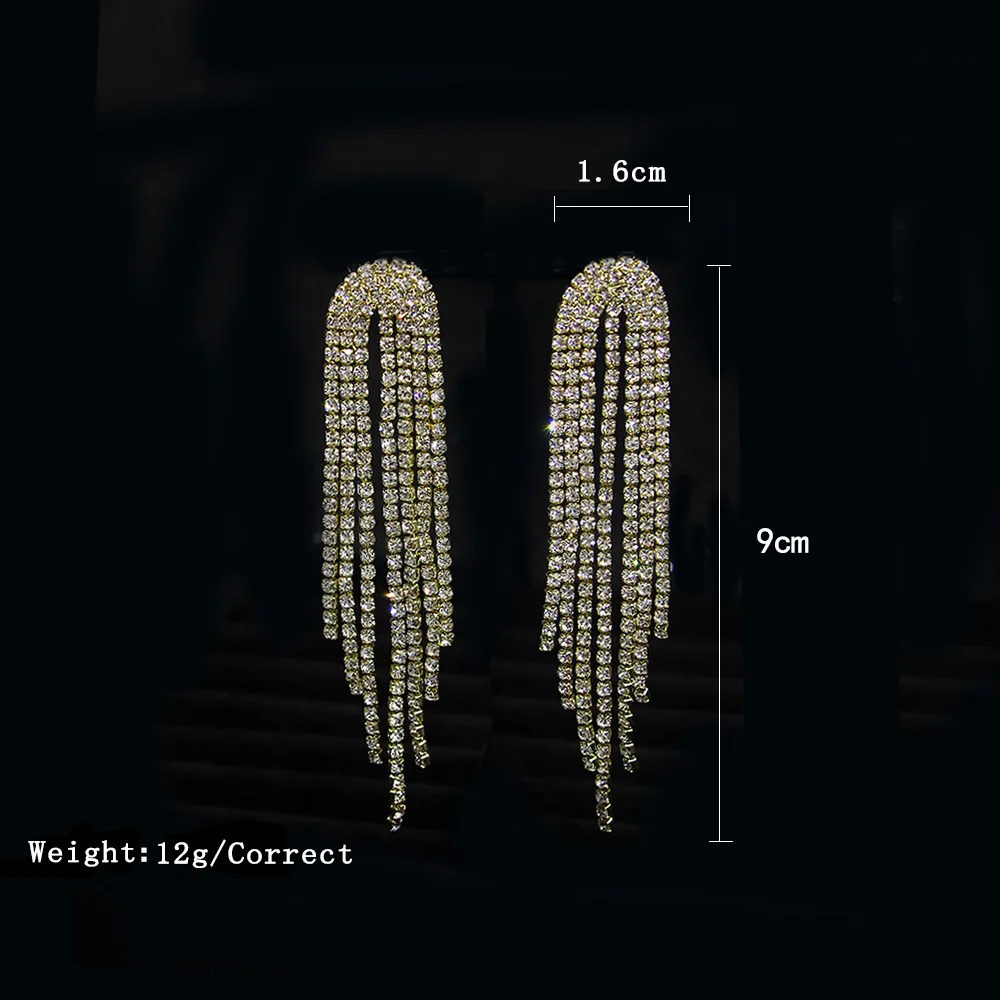 
New style tassel chain long tassel rhinestone chandelier pendant earrings gold glittering crystal tassel earrings 