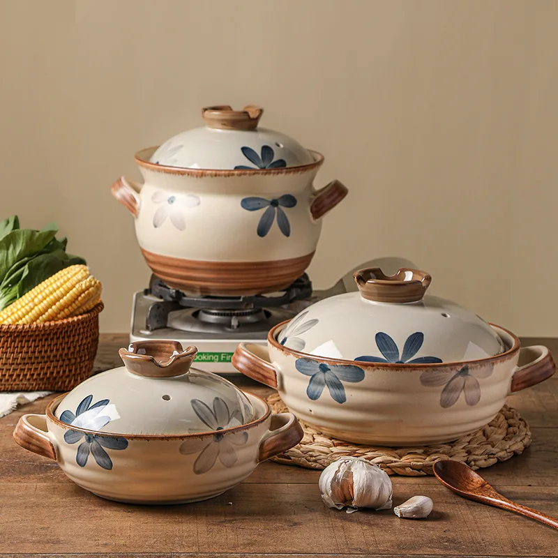Wholesale High Quality Kitchen Clay Cooking pots Round Restaurant Cookware Tool Ceramic Casseroles Soup Pot With Lid And Handles