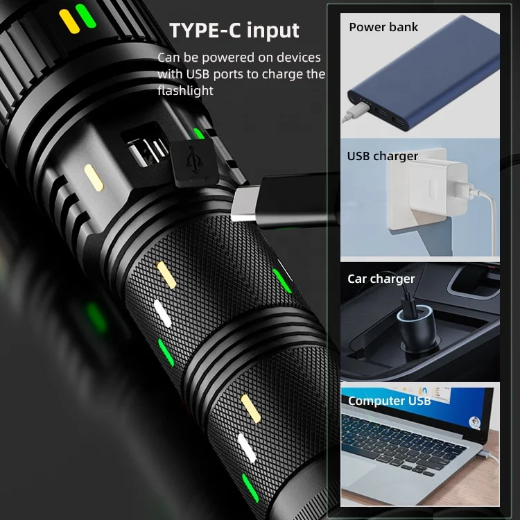 Fluorescent strip flashlight, white laser bead chip, high lumen tactical portable zoom high-power flashlight, outdoor camping