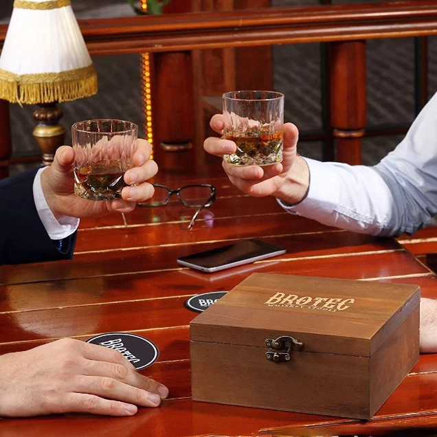 FHbiz Custom Whiskey Rocks Chilling Stones Wooden Box Set with Ice Cube Glasses Coaster
