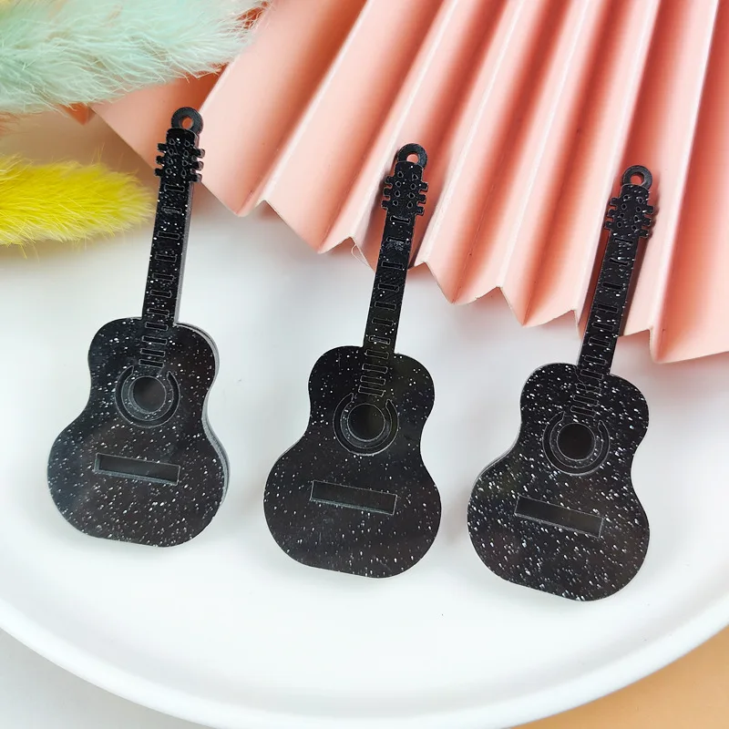 Black Glitter Guitar Acrylic Charms for DIY Keychain Musical Instruments Dangle Fit Jewelry Making Shinny Wholesale