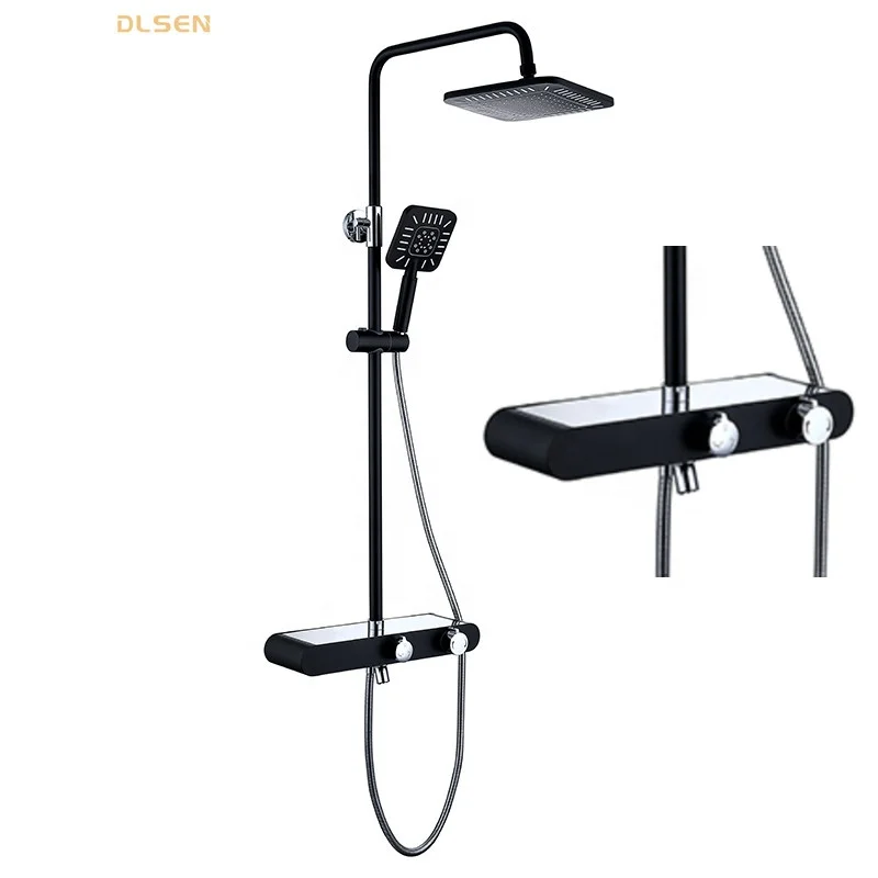 Hot Sale Matte Black Double Button Control Shower Fixtures with Shampoo Holder Shower Mixer Taps Faucets