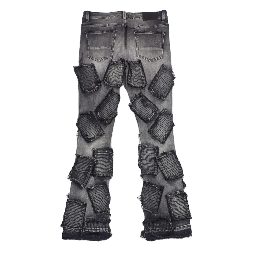 Custom Men Vintage Denim Hip Hop Washed Embroidered Distressed Pants Flare Stacked Jeans