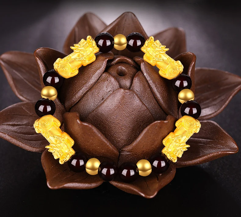 Obsidian six-character mantra bracelet pure copper solid sand gold brave bracelet