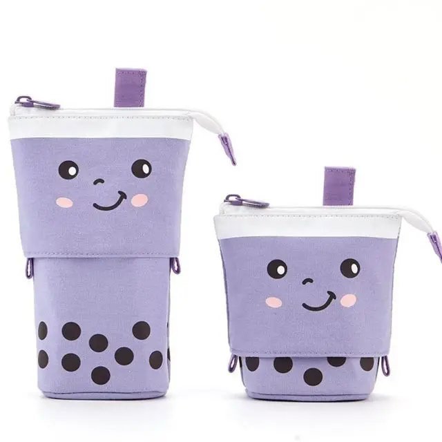 1 Set Cute Boba Milk Tea Telescopic Pen Bag Pen Pencil Holder Stationery Case Stand Up Pencil Case Pen Box Stationery Pouch Bag