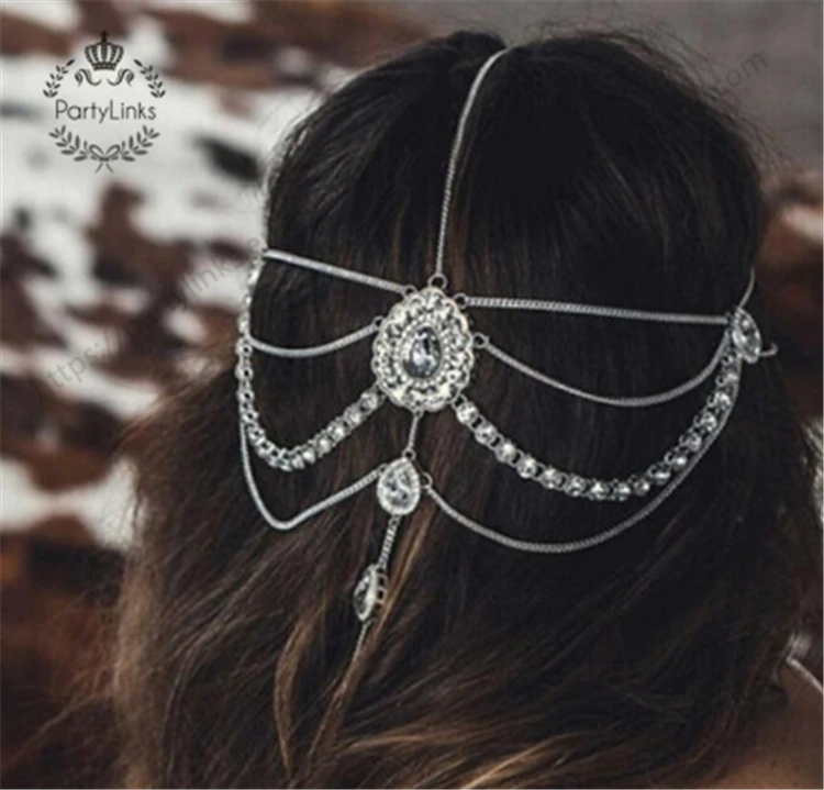 Turkey Kundan Stone Head Chain Crown Rhinestone Back Hold Headbands Headpiece Bridal Wedding Hair Accessories Jewelry Tiara