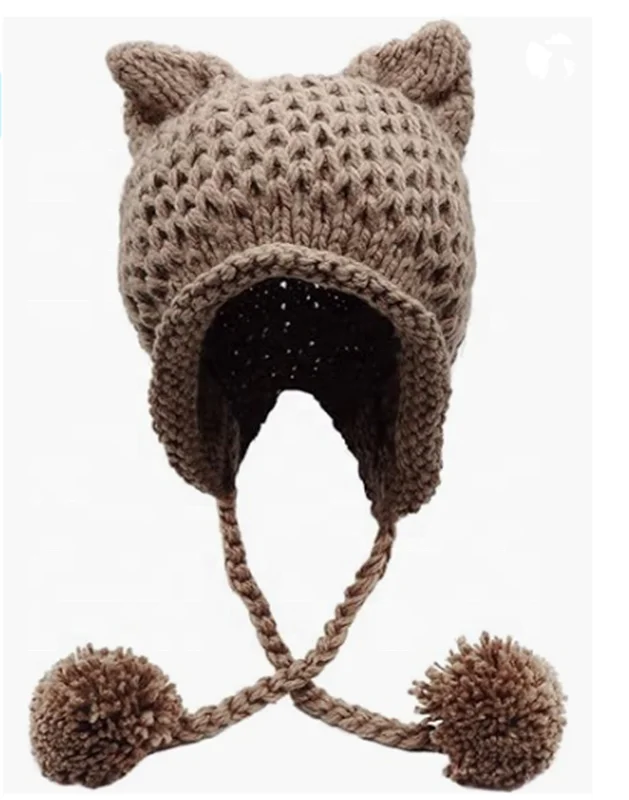 Winter Cute Cat Ears Knit Hat Ear Flap Crochet Beanie Hat