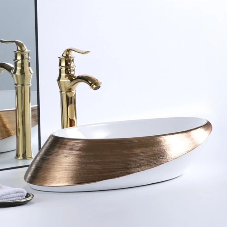 hot sale home modern brushed gold oval ceramic above countertop sink bathroom hand wash basin