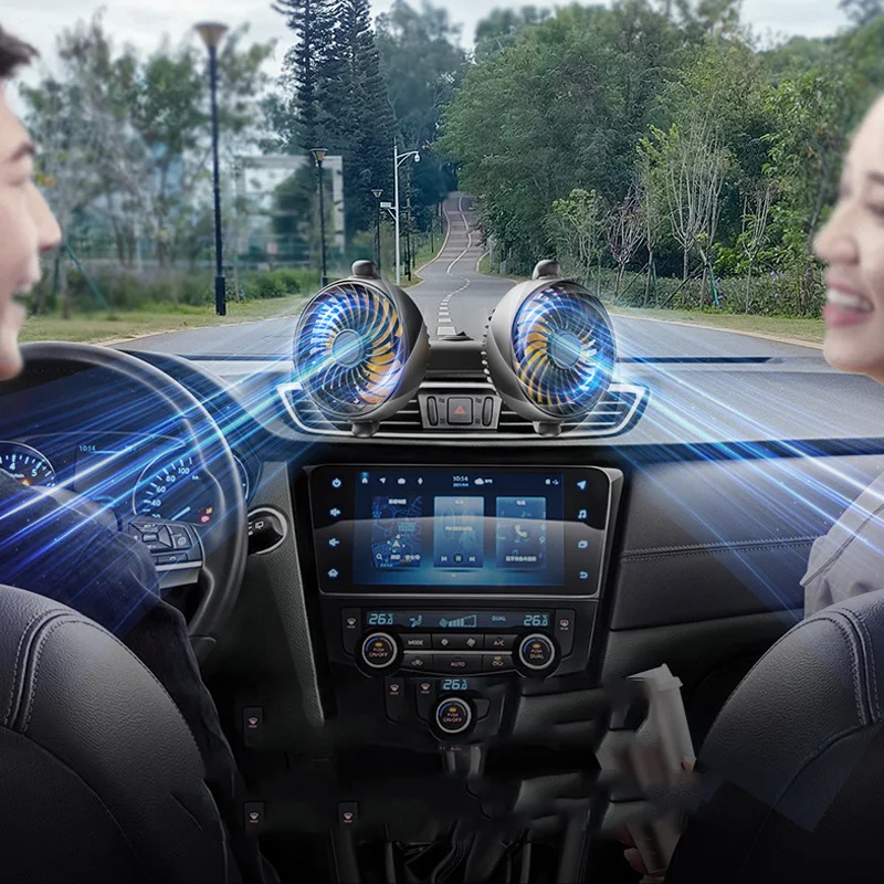 Summer 12 24 volt double head rotatable adjustable car air cooling fans fan