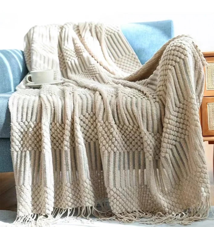 Handmade  knitted 100% acrylic jacquard throw blanket with fringes sofa throw blanket office rest throw
