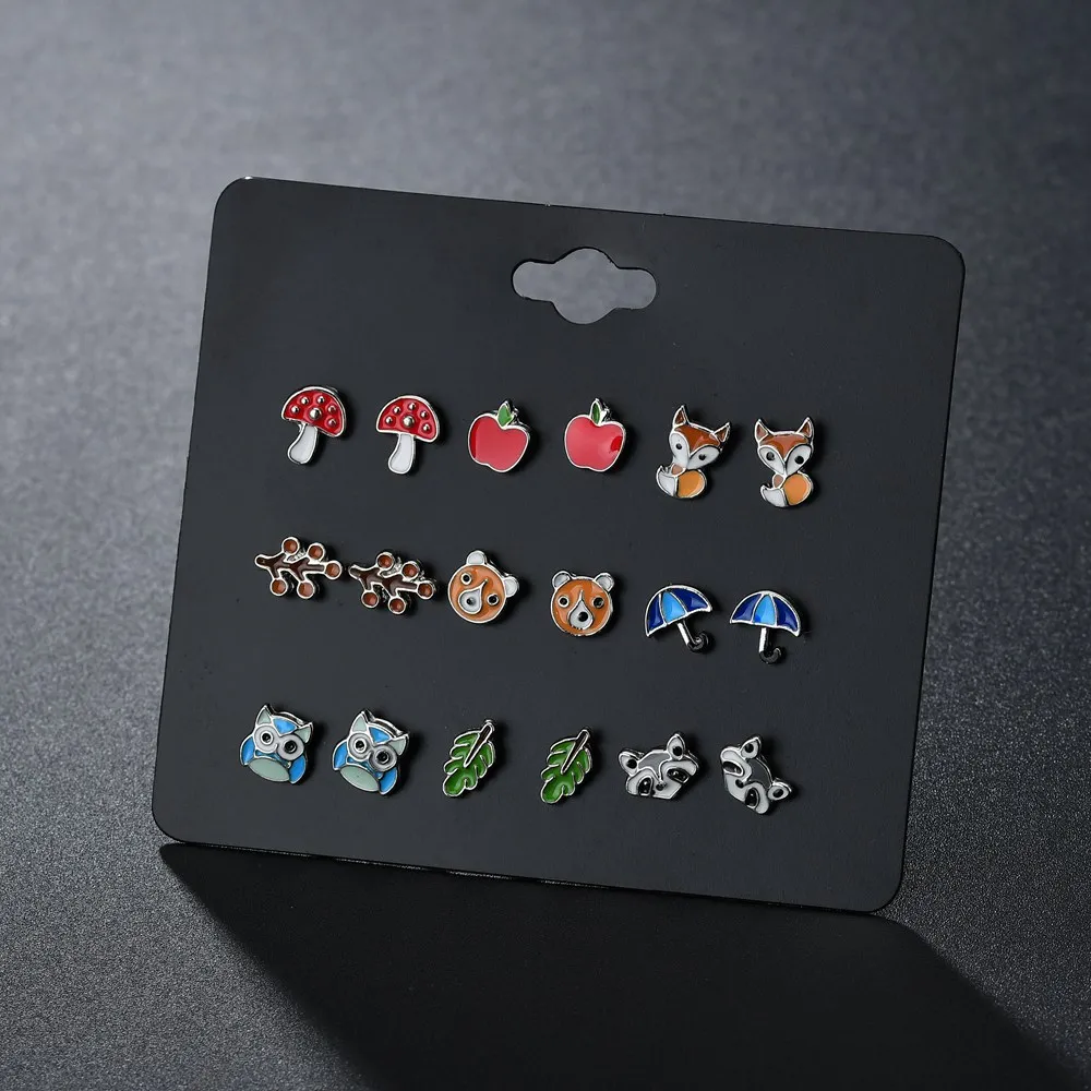 
9 Pairs/Set Plant Fruit Animal Stud Earrings For Mix Gifts Women Girls Kids Jewelry Cute Earring Set 