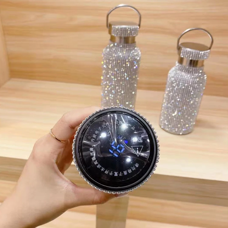 500ml Fashion Rhinestone Diamond Crystal Stainless Steel Water Bottle Flask Mug Smart Temperature Display Lid Gift Cup women