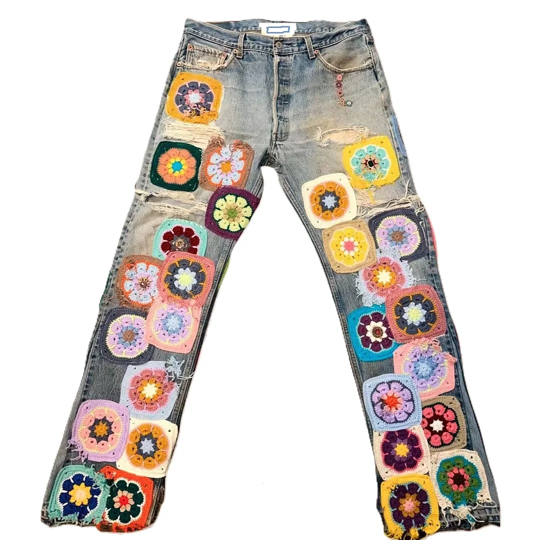 Zhuoyang garmentZhuoyang garment custom colorful patchwork woven crochet pants Multicolor flower Woven Crochet patchwork jeans