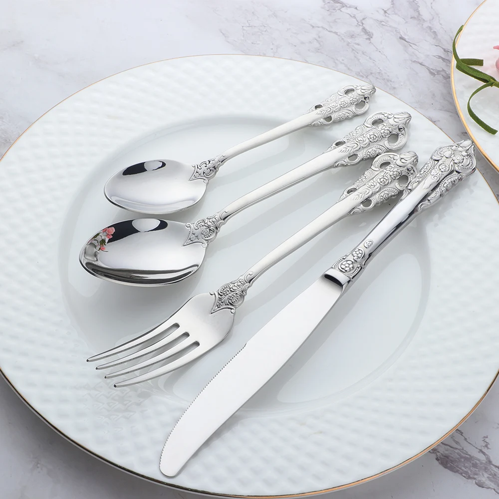 BAISHI  Vintage European Silverware Cutlery  Knife Spoon Fork 4 Pieces Dinner Set  Factory Wholesale Stainless Steel tableware