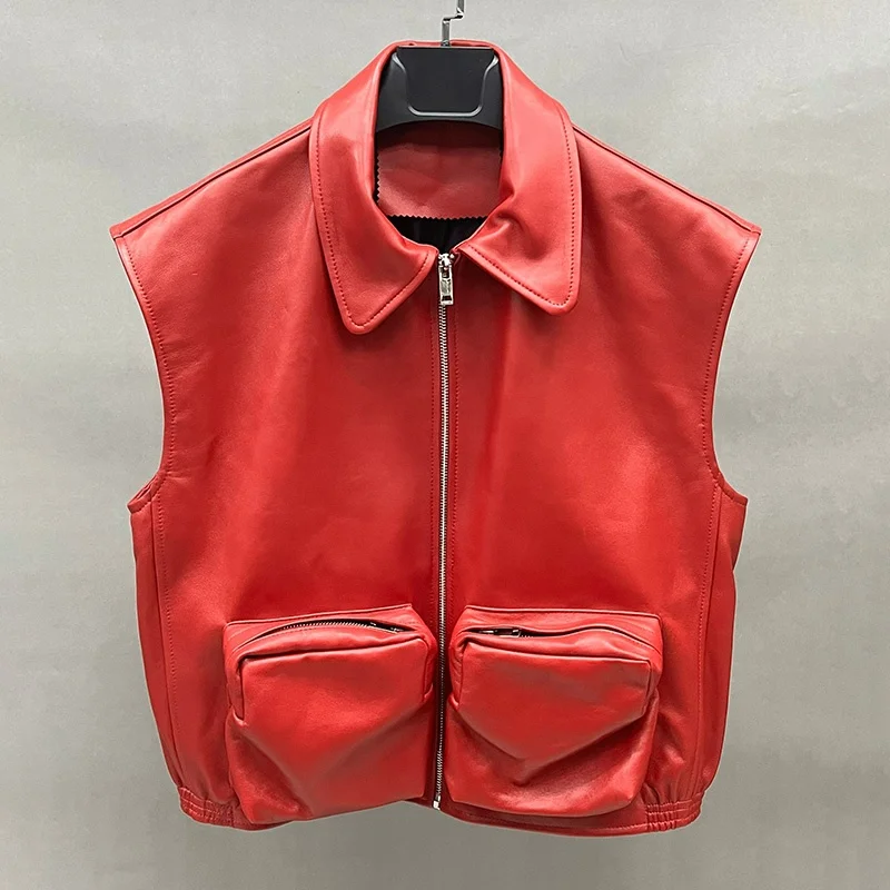 Custom Sleeveless Solid Leather Waistcoat Genuine Sheepskin Leather Vest Women With Two Pockets
