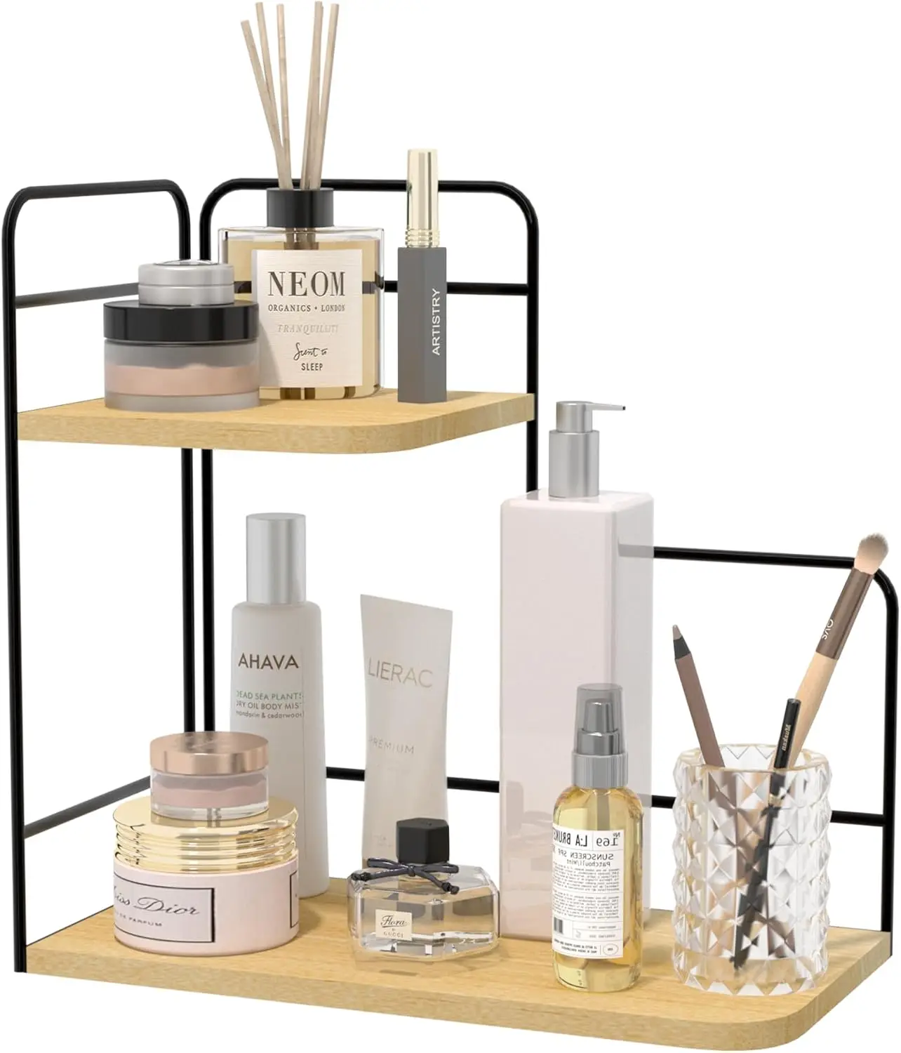 2-Tier Bathroom Counter Organizer Wood Bathroom Organizer Countertop Corner Shelf