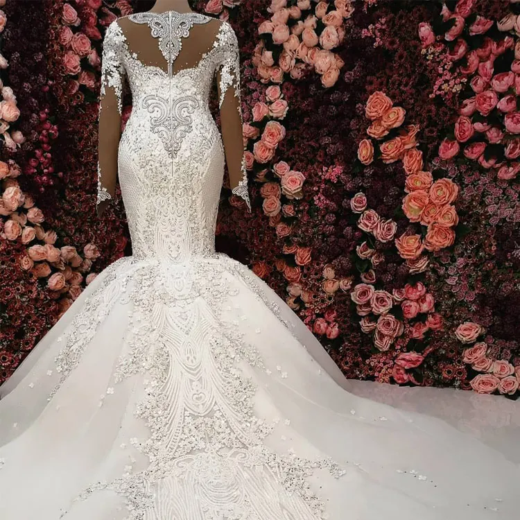 LUWEIYA New Dresses Luxurious Beaded Bride Gowns Long Sleeve Mermaid Wedding Dress Bridal Gowns With Long Train