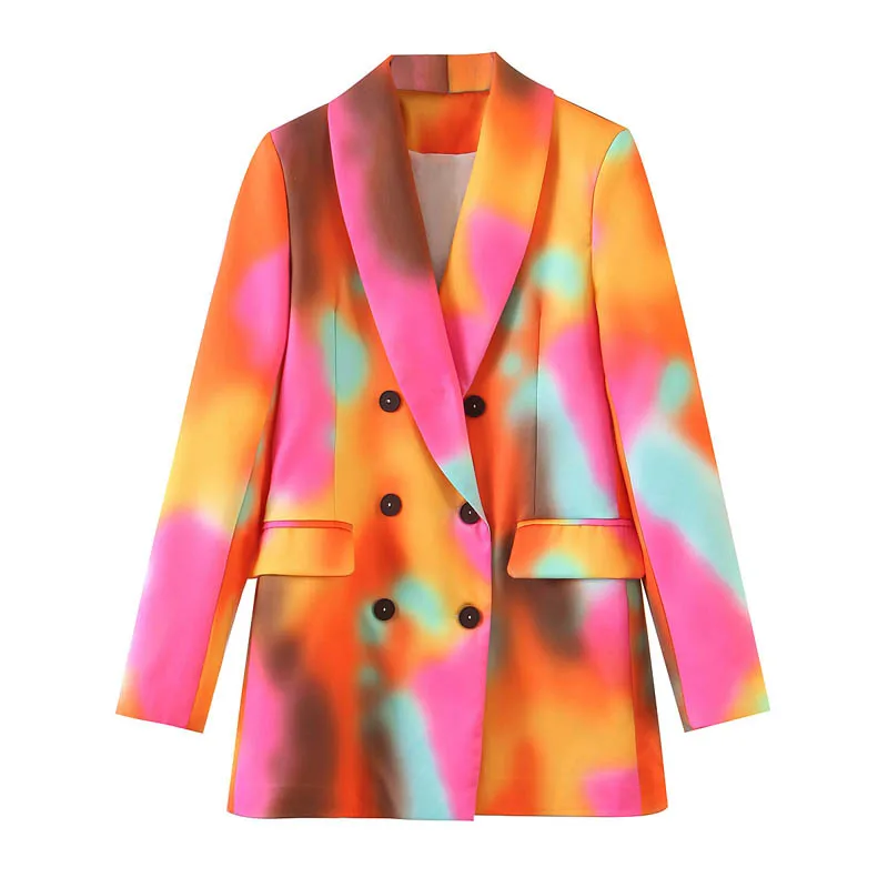 WT207  European Women Tie Dye Print Double Breasted  Long Sleeve Blazer Women Casual Blazers Coat Clothing