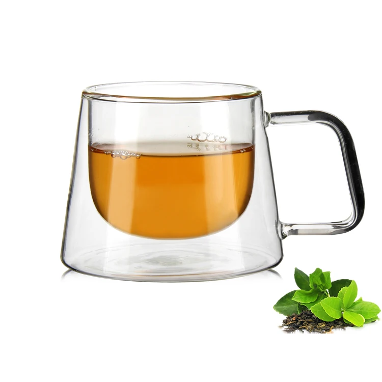 Wholesale BPA Free Double Wall Borosilicate Glass Coffee Tea Cup, Clear Reusable Insulated Glass Drinking Coffee Mug With Handle