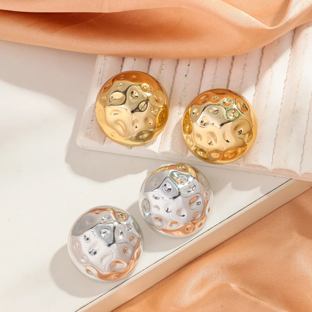 Korean Popular Statement Jewelry Oversized Hammered Earring Jewelry Metallic Color Gold Filled Trend Acrylic Round Stud Earrings